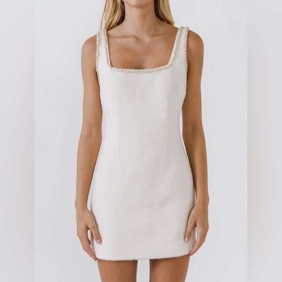 NWT Endless Rose Ivory Gold Chain Trimmed Square Neck Mini Dress, S - Picture 1 of 6